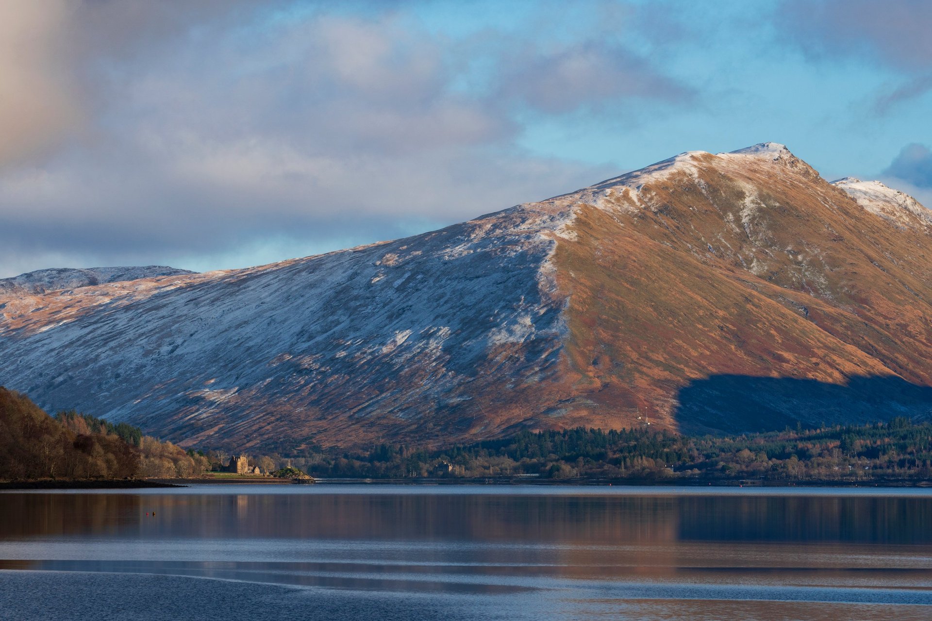 Snow-capped mountain with lake reflection
